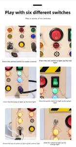Detail shots of sensory busy board showing LED lights, switches and key lock for fine motor skills