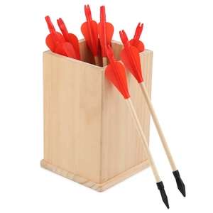Traditional wooden pitch-pot arrows set with red fletching and storage box container