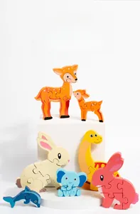 Detailed view of colorful 3D wooden animal puzzles for kids early learning and color cognition