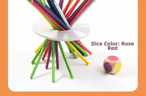 Macro shot of colorful wooden sticks, dice and ring set for sensory skill development
