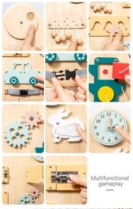 Dettagli di orologio e chiavistelli sulla tavola attività montessoriana in legno