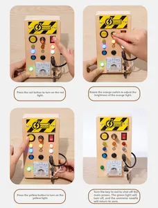 Detail view of wooden busy board featuring LED lights, switches, and interactive STEM components