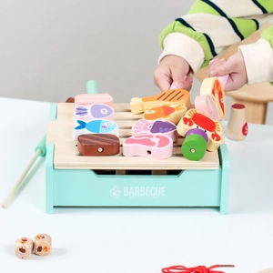 Kids wooden barbecue grill playset with colorful food accessories for roleplay