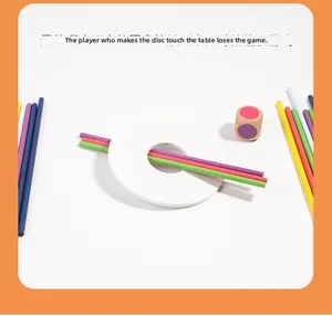 Macro view of Montessori wooden balance toy set with colorful sticks and dice