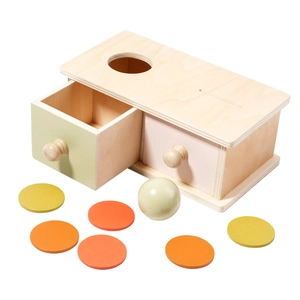 Montessori wooden coin and ball box with green and pink drawers for early education