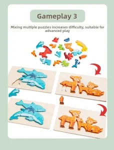 Detail showing dolphin and deer wooden puzzles with parts assembly process and base board