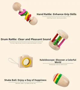 Detailed close-up of Montessori wooden sensory rattles set with kaleidoscope and maraca