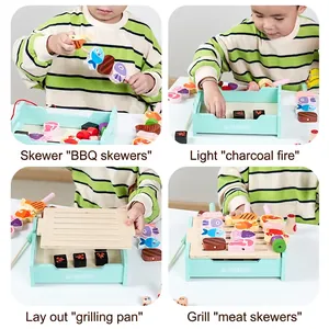 Wooden kids barbecue grill playset with colorful food accessories and mint green oven