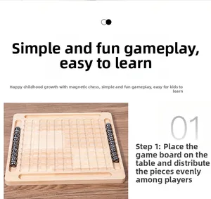 Detail view of square wooden magnetic chess board with smooth black spherical magnets