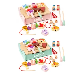 Kids wooden BBQ grill play set with assorted food toys in pink and mint green colors