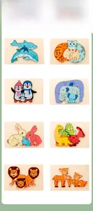 Detail view of eight 3D wooden animal puzzles including dolphin, cat, penguin and dinosaur