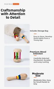 Detailed view of wooden rattle set with bright accents and drawstring storage bag