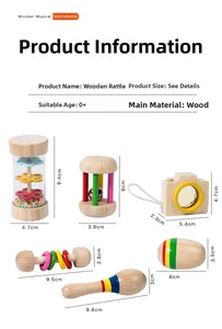 Detailed size chart for a 6-piece wooden baby musical instrument set with measurements