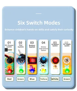 Macro detail of wooden busy board featuring six unique electronic switch controls and LED lights