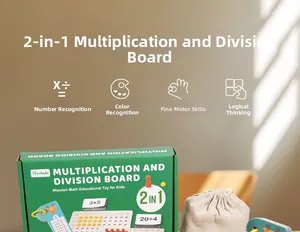 Detail of wooden multiplication and division board with natural linen storage bag