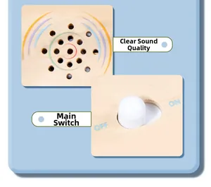 Detail of wooden busy board speaker with high sound quality and white power toggle switch