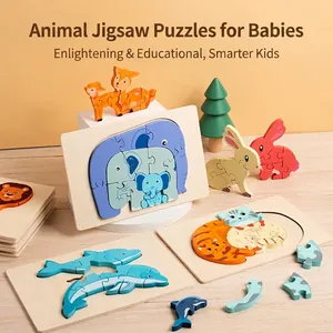 Educational Wooden Animal Relief Puzzles For Toddlers Montessori Early Learning Baby Toys Lion Penguin Elephant Rabbit Dolphin Gift