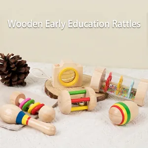 Montessori Wooden Baby Rattle Educational Musical Instrument Toys For Infants Grip Training Sensory Development Rainbow Wood Toy