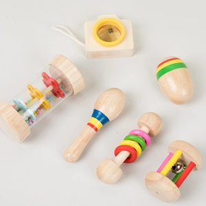 6-piece Montessori wooden baby rattle set with colorful teething toys for sensory play