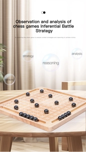 Close-up of a wooden magnetic battle chess board with black spherical pieces on a table