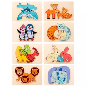 8-pack wooden animal puzzles for kids featuring dolphin, dinosaur, and lion family sets