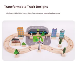 Detail of a modular wooden train track set showing multiple assembly layouts and shapes