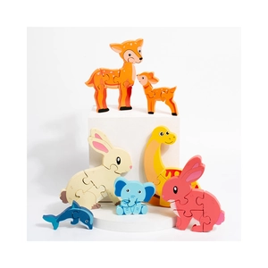 Wooden animal puzzle set for toddlers featuring 3D deer elephant and rabbit shapes