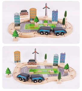 Detailed view of wooden train track set with city scenery puzzle and magnetic locomotive