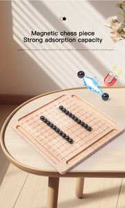 Detail of magnetic chess pieces on light wood board with interactive attraction effect