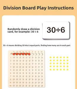 Detail showing Montessori division board with wooden pegs and division equation card
