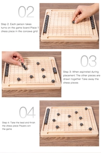 Detailed views of magnetic chess board with black spherical pieces and English instructions