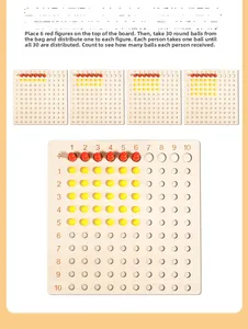Detailed view of Montessori math division board with wooden pins and red divisor beads