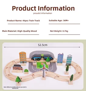 Detailed 46-piece wooden train track set showing assembled rails and accessories