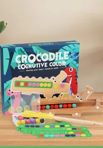 Crocodile sorting toy with wooden beads, chopsticks, spoon, and tweezers for motor skills