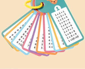 Detailed close-up of Montessori multiplication flashcards with colorful edges and metal ring