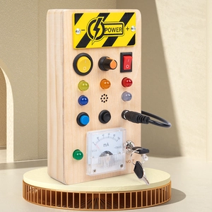 Wooden busy board toy with LED lights, switches, and current meter for kids early education