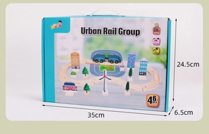 46-piece wooden train track set packaging with 35cm x 24.5cm dimensions detail