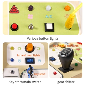 Macro detail of wooden busy board featuring LED buttons, key ignition, and gear shifter
