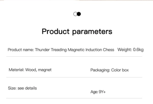Detailed specifications chart of the magnetic induction chess game with material and age info