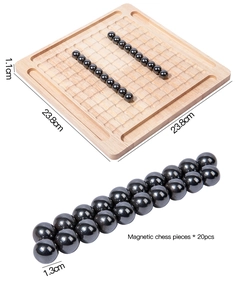 Detailed view of the magnetic chess board set with dimensions and spherical pieces