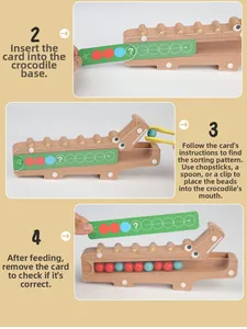 Guide showing steps for crocodile wooden game to match beads with pattern cards