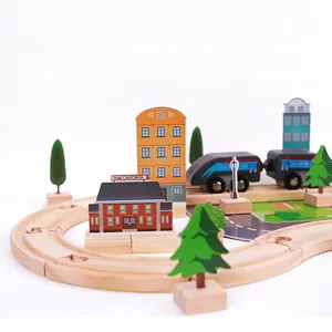 46-piece wooden train track set with miniature buildings and trees for early education