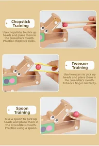 Three-way view of wooden crocodile toy showing chopstick, tweezer, and spoon coordination training