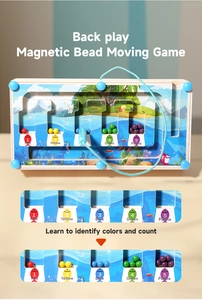 Macro view of wooden magnetic bead maze with transparent acrylic panel for toddler learning