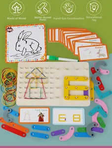 Detailed view of wooden pegboard educational kit with geometric shapes and word cards