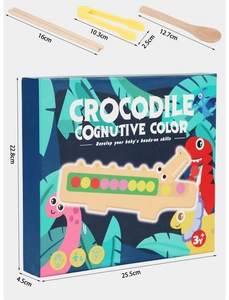 Detailed view of crocodile toy box size and wooden tools for fine motor skills training