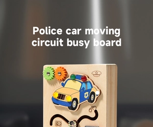 Detail of wooden police busy board with rotating gears and sliding police car toy