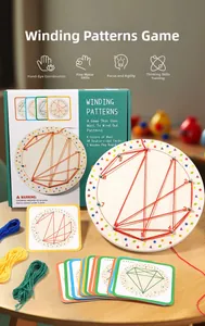 Educational wooden geoboard set with winding patterns, cards, and colorful threads