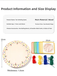 Detail of wooden geometric pegboard with colorful yarn and 20 double-sided pattern cards
