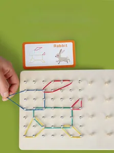 Wooden pegboard toy set for kids showing geometric patterns using elastic rubber bands